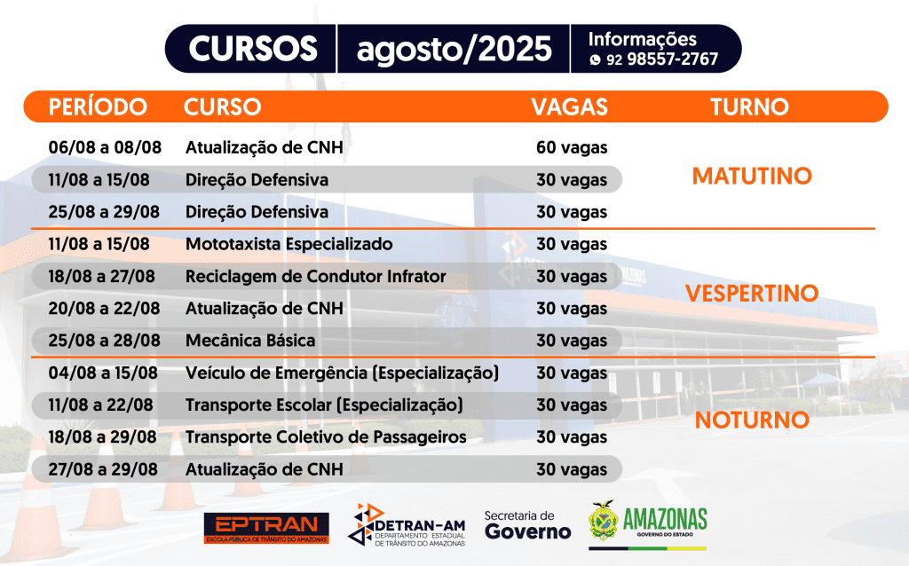 Detran-AM: Escola Pública de Trânsito disponibiliza 360 vagas para cursos gratuitos em agosto Portal o Judiciário Detran AM Cursos EPTRAN CALENDARIO Arte Divulgacao Detran AM 1024x638 1